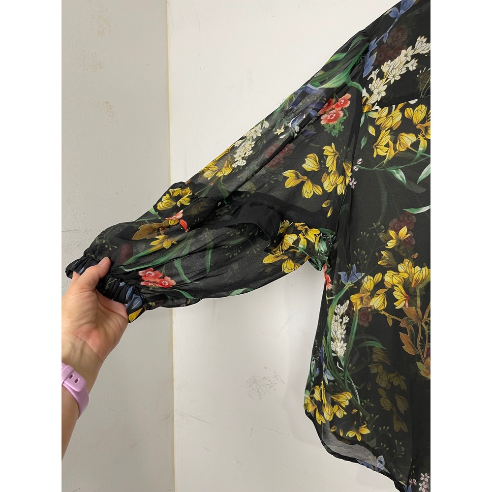 Chicos Black Floral Chiffon Blouse Tassel Tie Ruffle Sleeve Top Size 3.5 US 18 - Picture 4 of 10